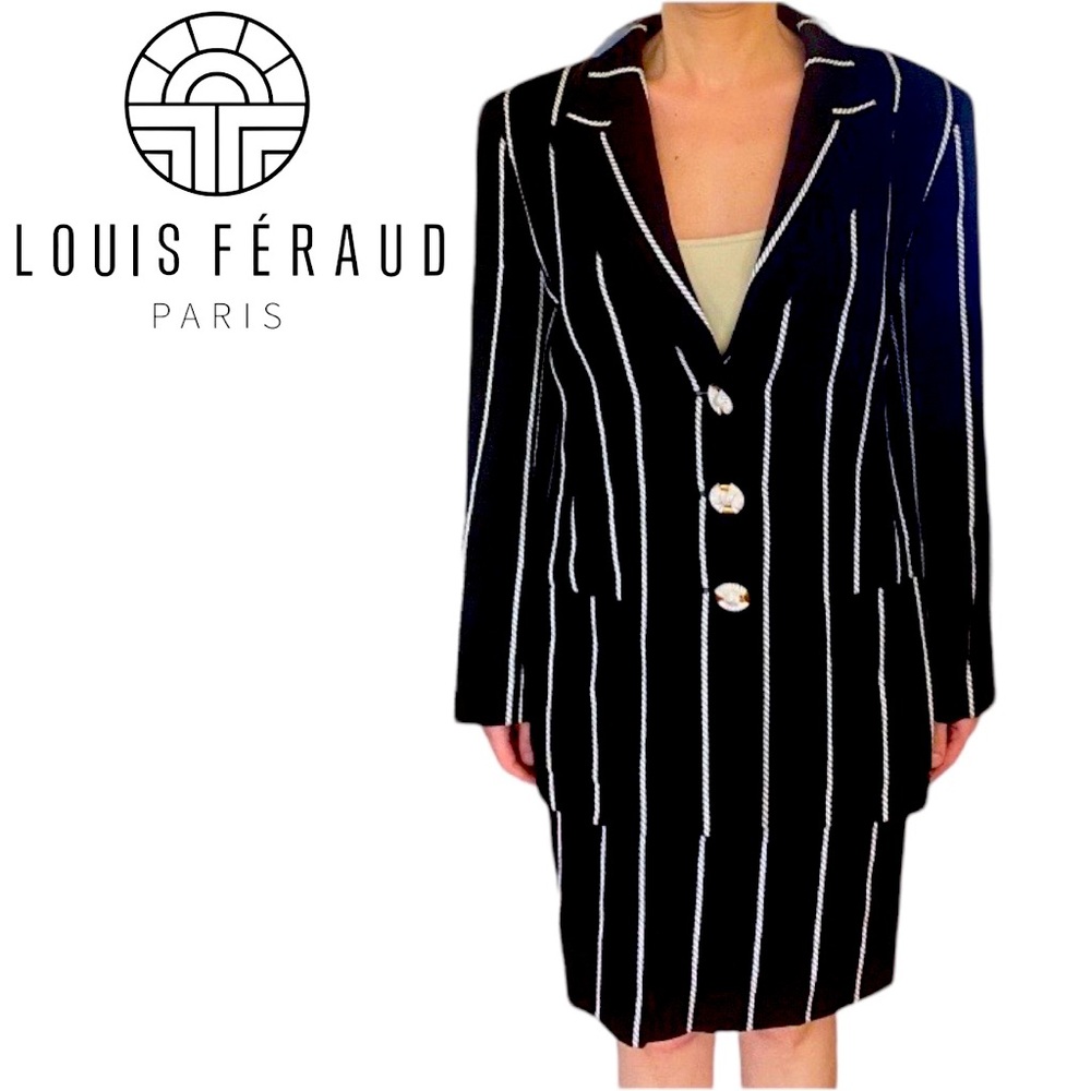 Elegant Classic Louis Feraud Dark Navy blue/Black Skirt/Blazer Suit Sz10